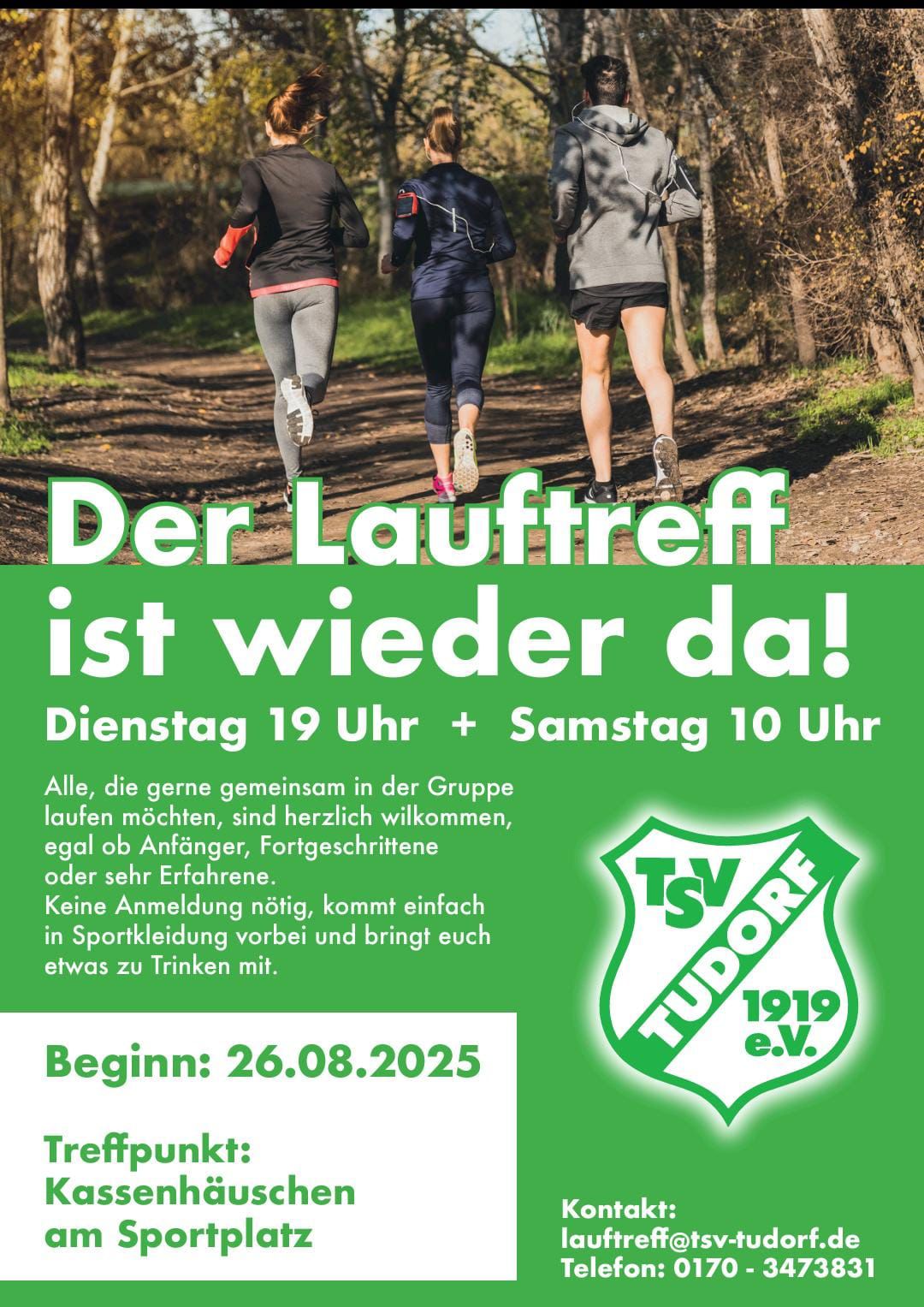 🏃‍♀️🏃‍♂️ Gemeinsam laufen in Tudorf 📍 Treffpunkt: Kassenhäuschen am Sportplatz 📅 Start: ab Dienstag, 26. August 2025
