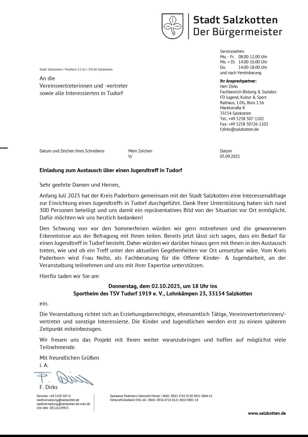 Einladung des Bürgermeisters zum Austausch über einen Jugendtreff in Tudorf